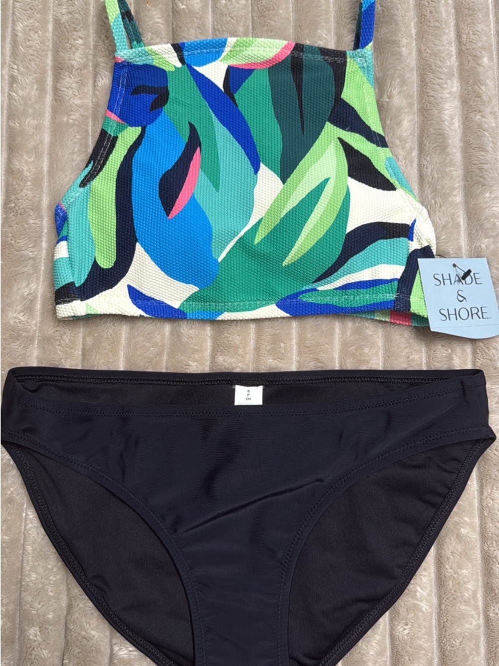 X/S Shade & Shore Blue Green Tropical High-Neck Bikini Top with Black Bottoms